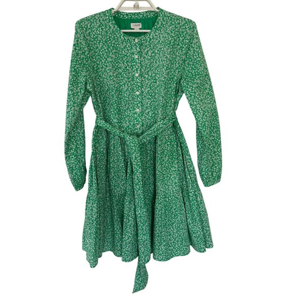 J.Crew Factory XS Green Floral Long-Sleeve A-Line Button-Up Dress With Belt Cott - Picture 5 of 9